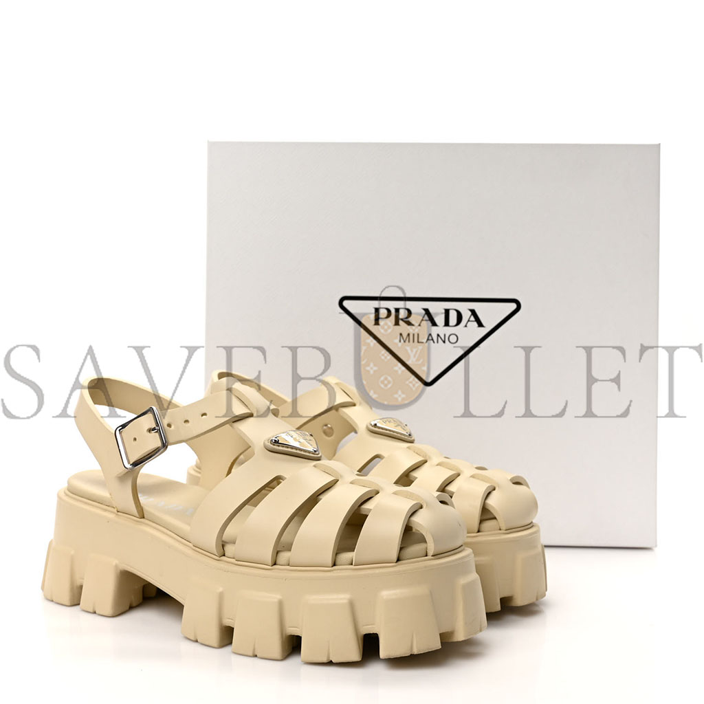 PRADA FOAM RUBBER METAL TRIANGLE LOGO MONOLITH 55MM CAGE SANDALS 39 QUARZO