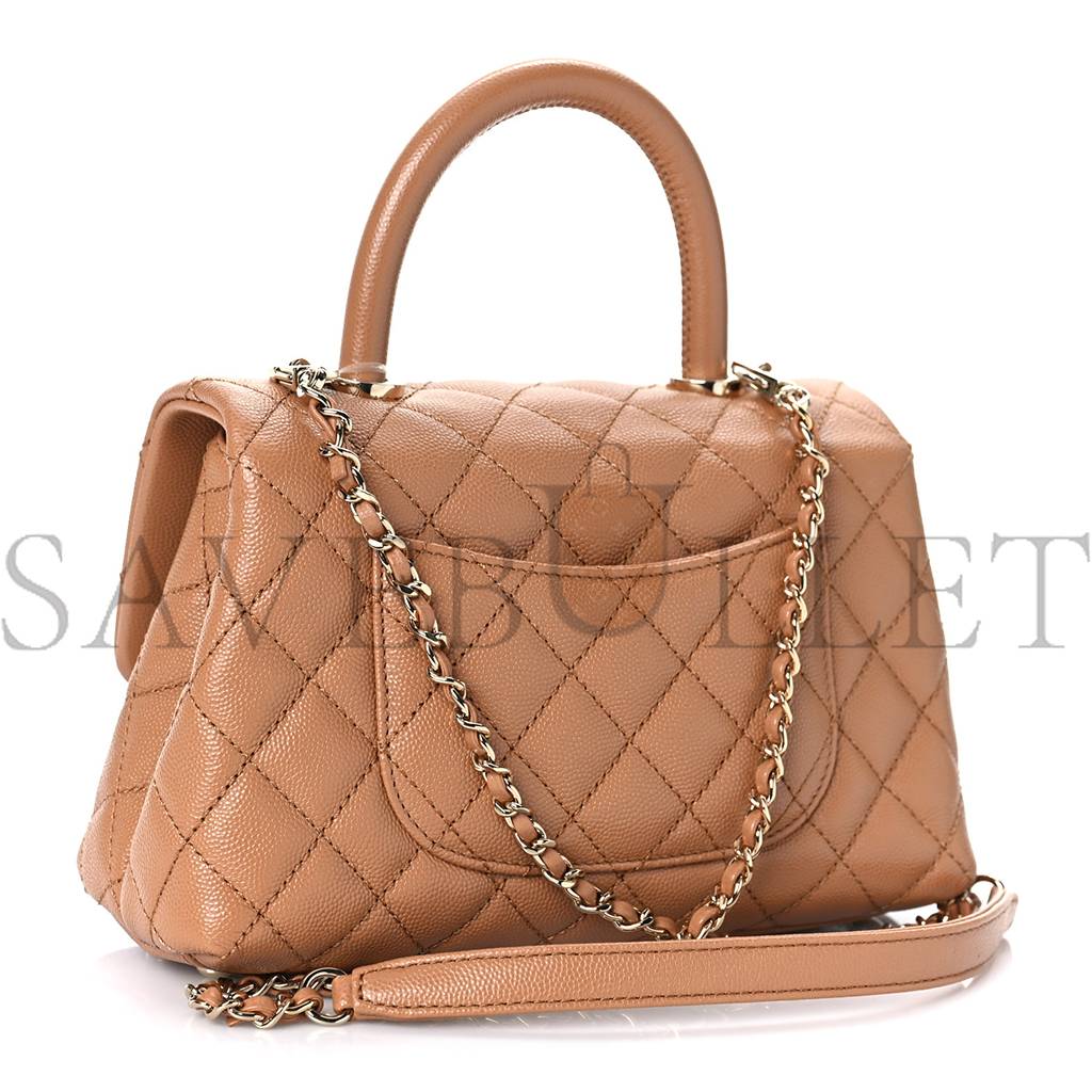 CHANEL CAVIAR QUILTED MINI COCO HANDLE FLAP BROWN ROSE GOLD HARDWARE (23*15*10cm)