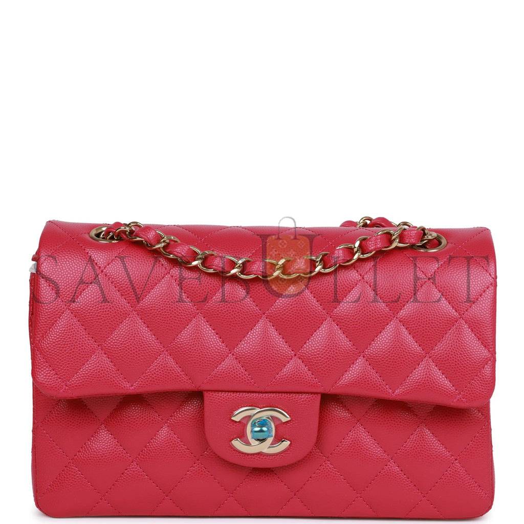 CHANEL SMALL CLASSIC DOUBLE FLAP FUCHSIA CAVIAR LIGHT GOLD HARDWARE (23*13*6cm)