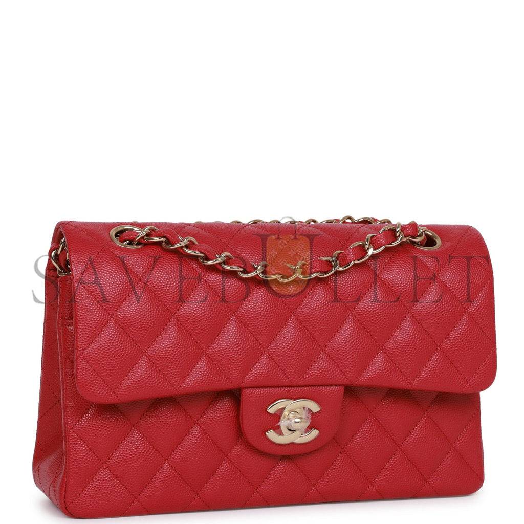 CHANEL SMALL CLASSIC DOUBLE FLAP DARK PINK CAVIAR LIGHT GOLD HARDWARE (23*13*6cm)