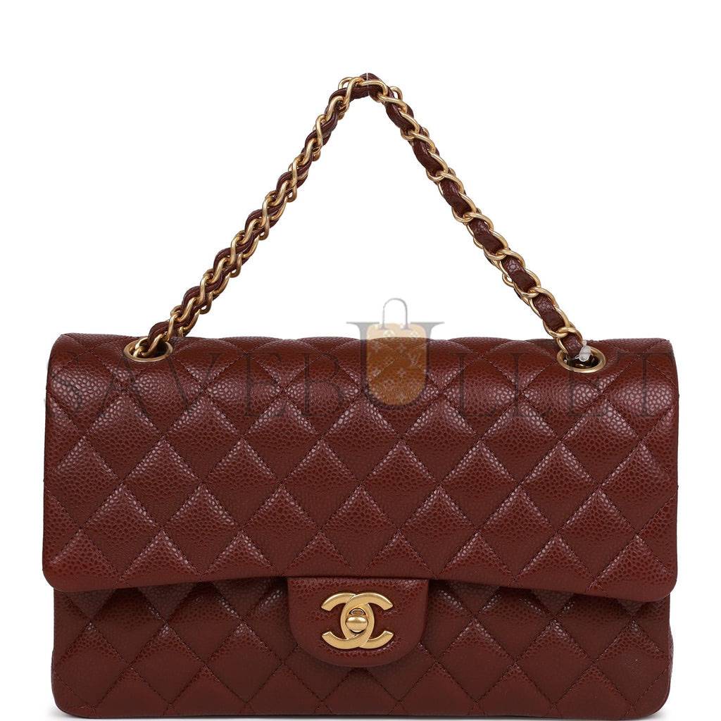 CHANEL MEDIUM CLASSIC DOUBLE FLAP BAG BURGUNDY CAVIAR ANTIQUE GOLD HARDWARE (25*15*7cm)