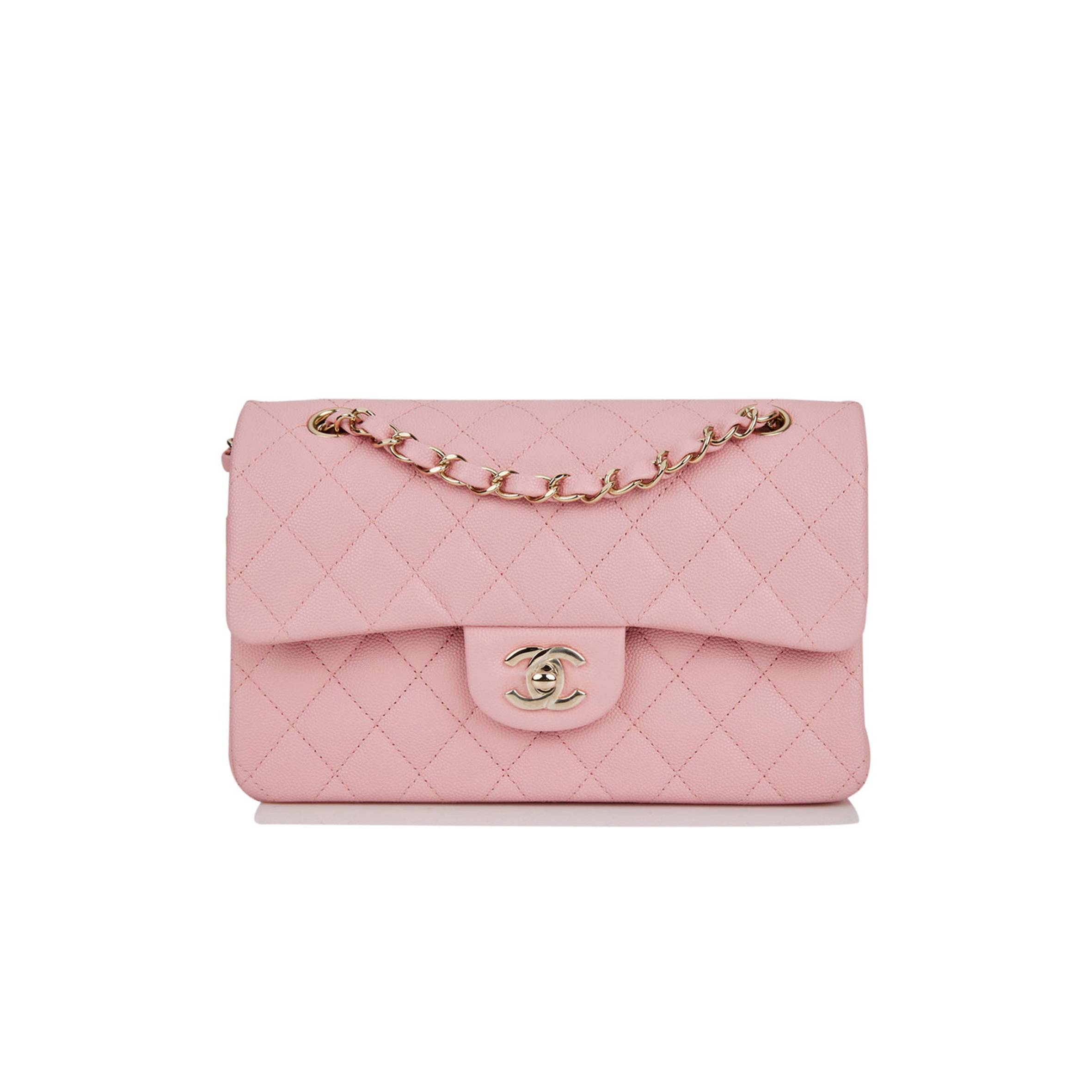 CHANEL SMALL CLASSIC DOUBLE FLAP PINK CAVIAR LIGHT GOLD HARDWARE (23*13*6cm)