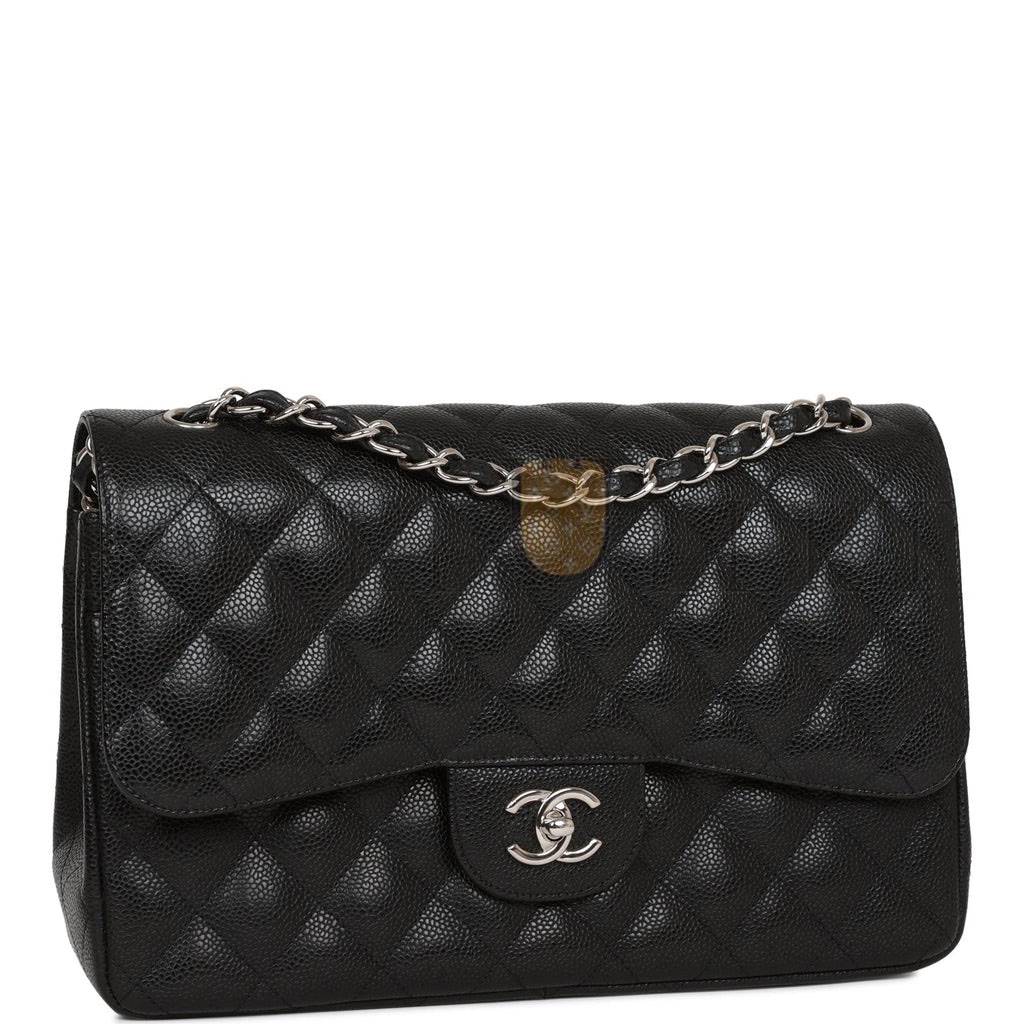 CHANEL JUMBO CLASSIC DOUBLE FLAP BAG BLACK CAVIAR SILVER HARDWARE (30*20*9cm)