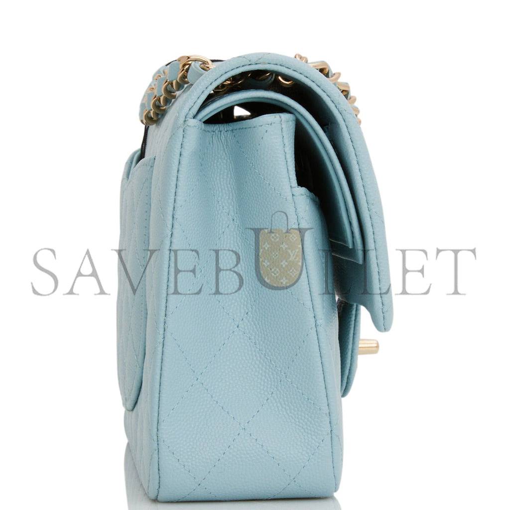 CHANEL MEDIUM CLASSIC DOUBLE FLAP BAG BLUE QUILTED CAVIAR LIGHT GOLD HARDWARE (25*15*7cm)