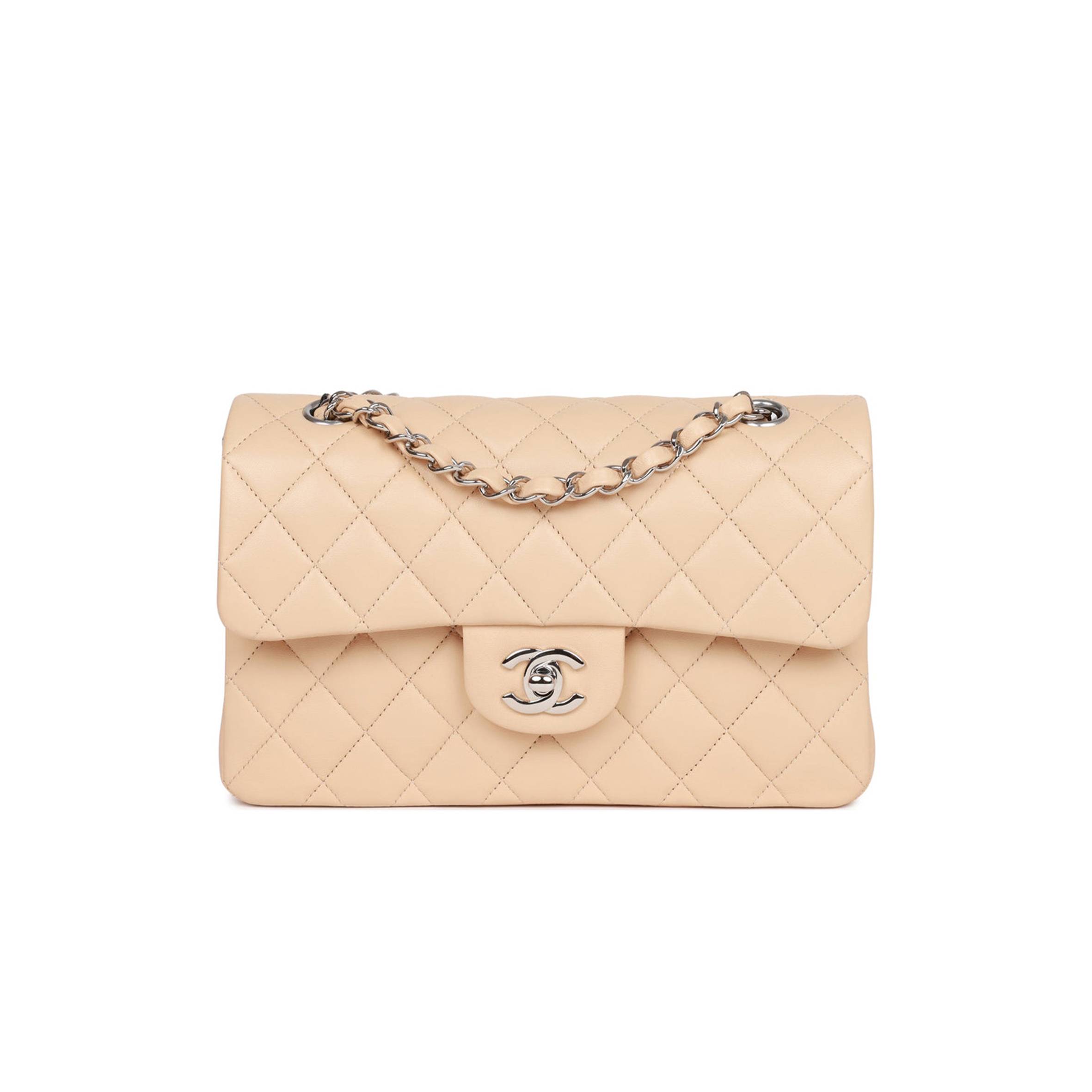 CHANEL SMALL CLASSIC DOUBLE FLAP BEIGE LAMBSKIN SILVER HARDWARE (23*13*6cm)