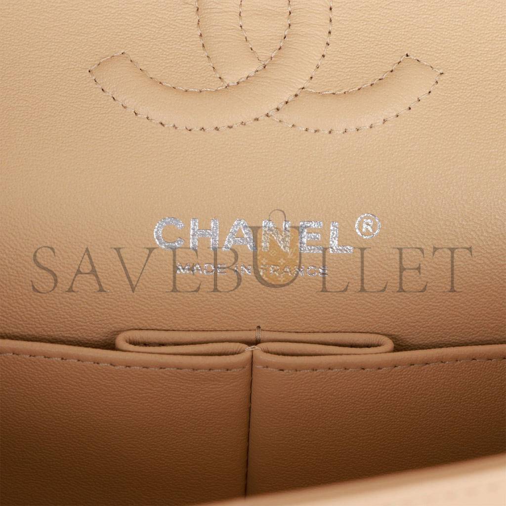 CHANEL SMALL CLASSIC DOUBLE FLAP BEIGE LAMBSKIN SILVER HARDWARE (23*13*6cm)