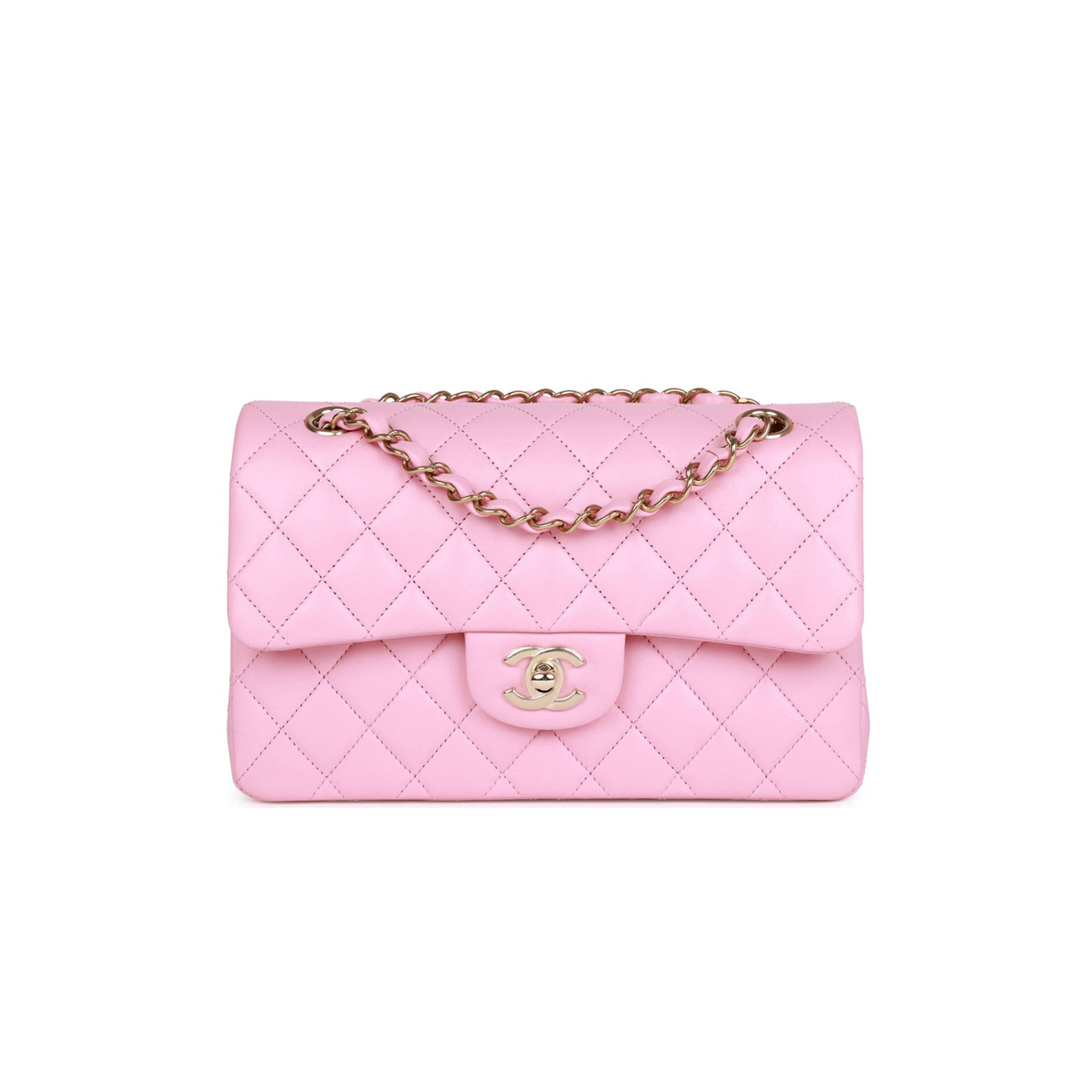 CHANEL SMALL CLASSIC DOUBLE FLAP PINK LAMBSKIN LIGHT GOLD HARDWARE (23*13*6cm)