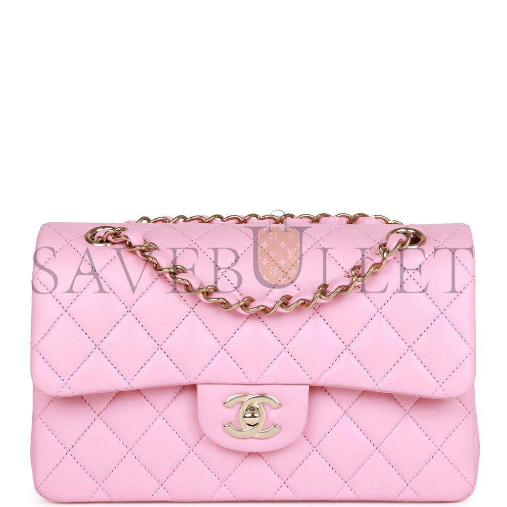 CHANEL SMALL CLASSIC DOUBLE FLAP PINK LAMBSKIN LIGHT GOLD HARDWARE (23*13*6cm)