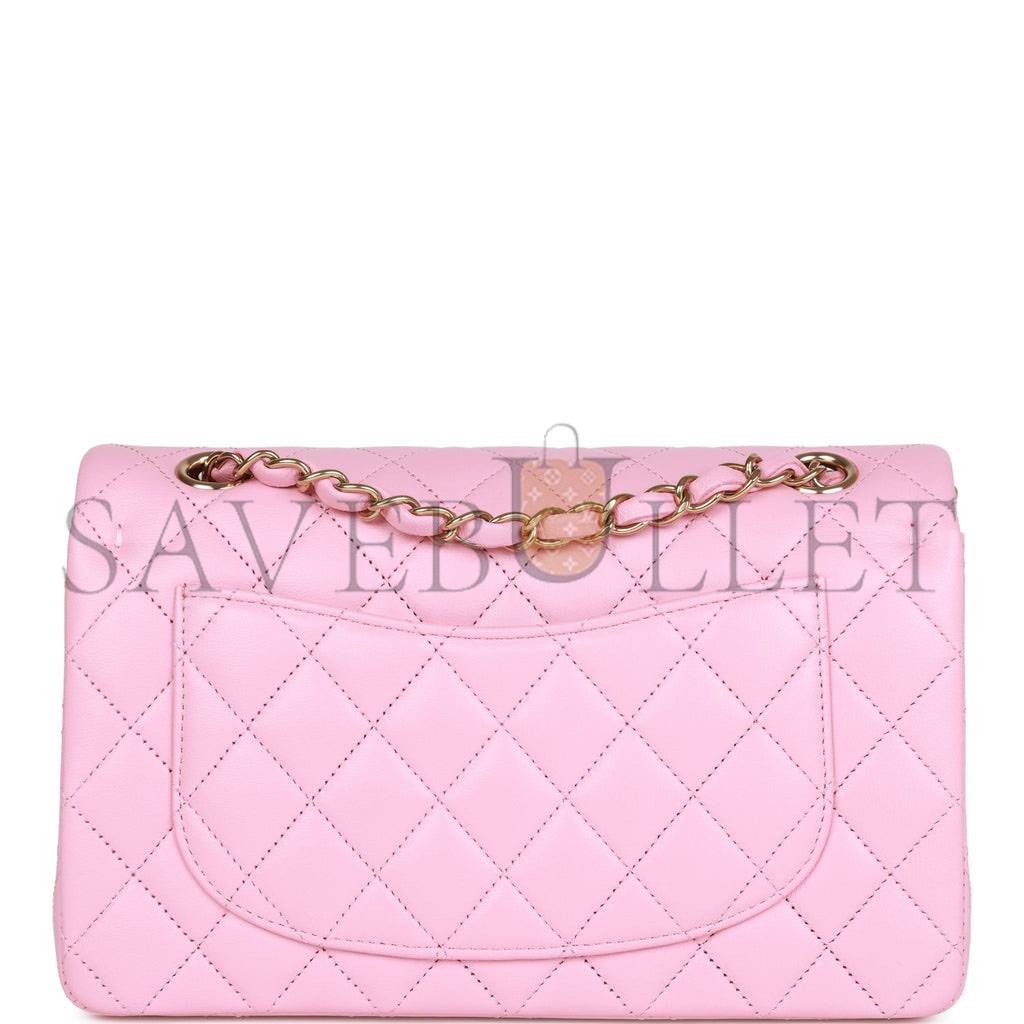 CHANEL SMALL CLASSIC DOUBLE FLAP PINK LAMBSKIN LIGHT GOLD HARDWARE (23*13*6cm)