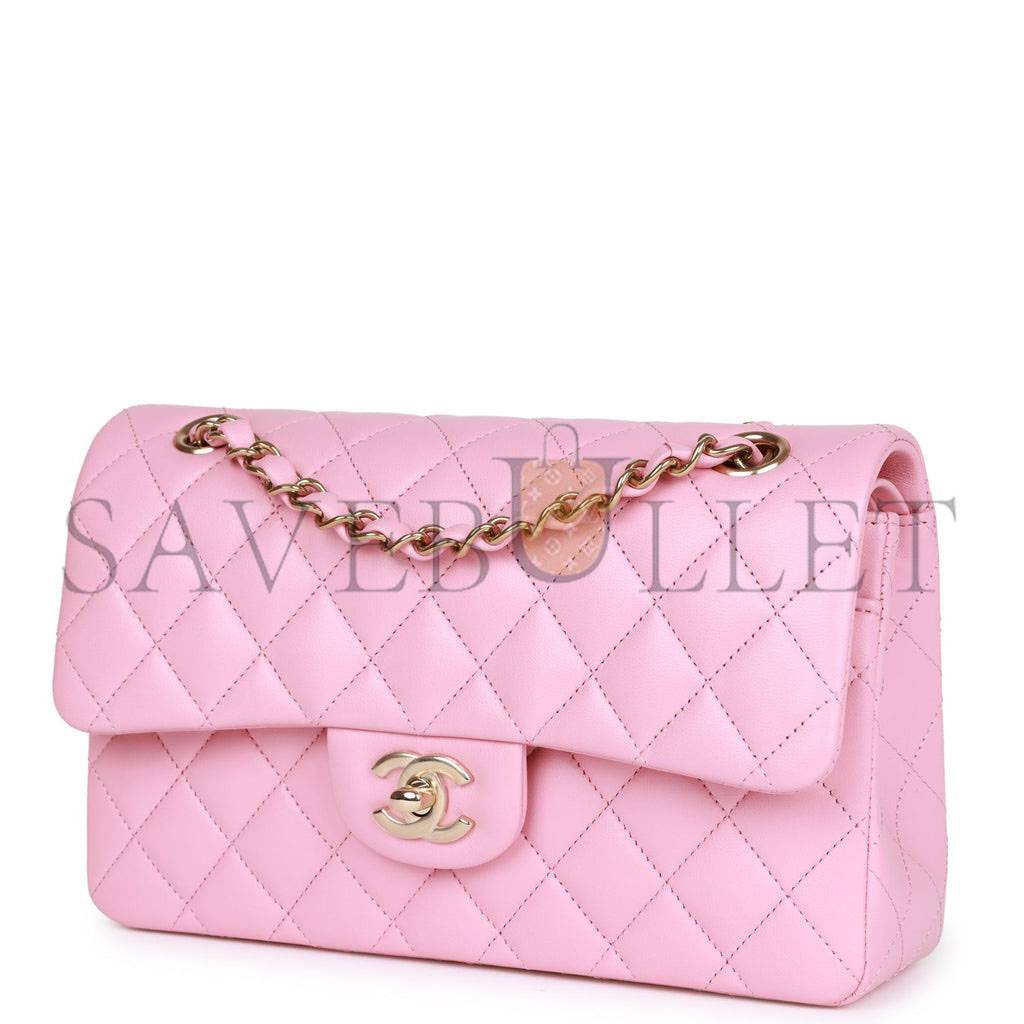 CHANEL SMALL CLASSIC DOUBLE FLAP PINK LAMBSKIN LIGHT GOLD HARDWARE (23*13*6cm)