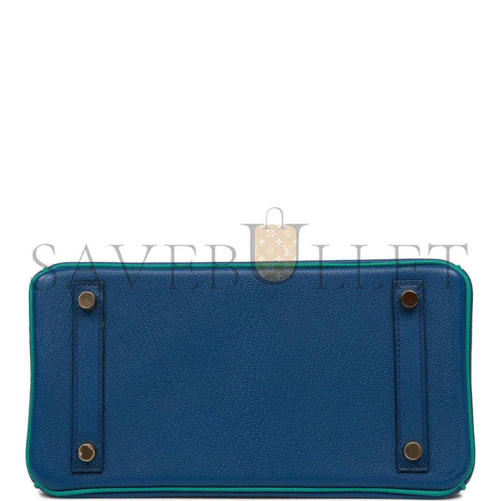 HERMES SPECIAL ORDER (HSS) BIRKIN 25 BLEU SAPHIR AND VERT VERTIGO CHEVRE BRUSHED GOLD HARDWARE HANDMADE (25.cm)