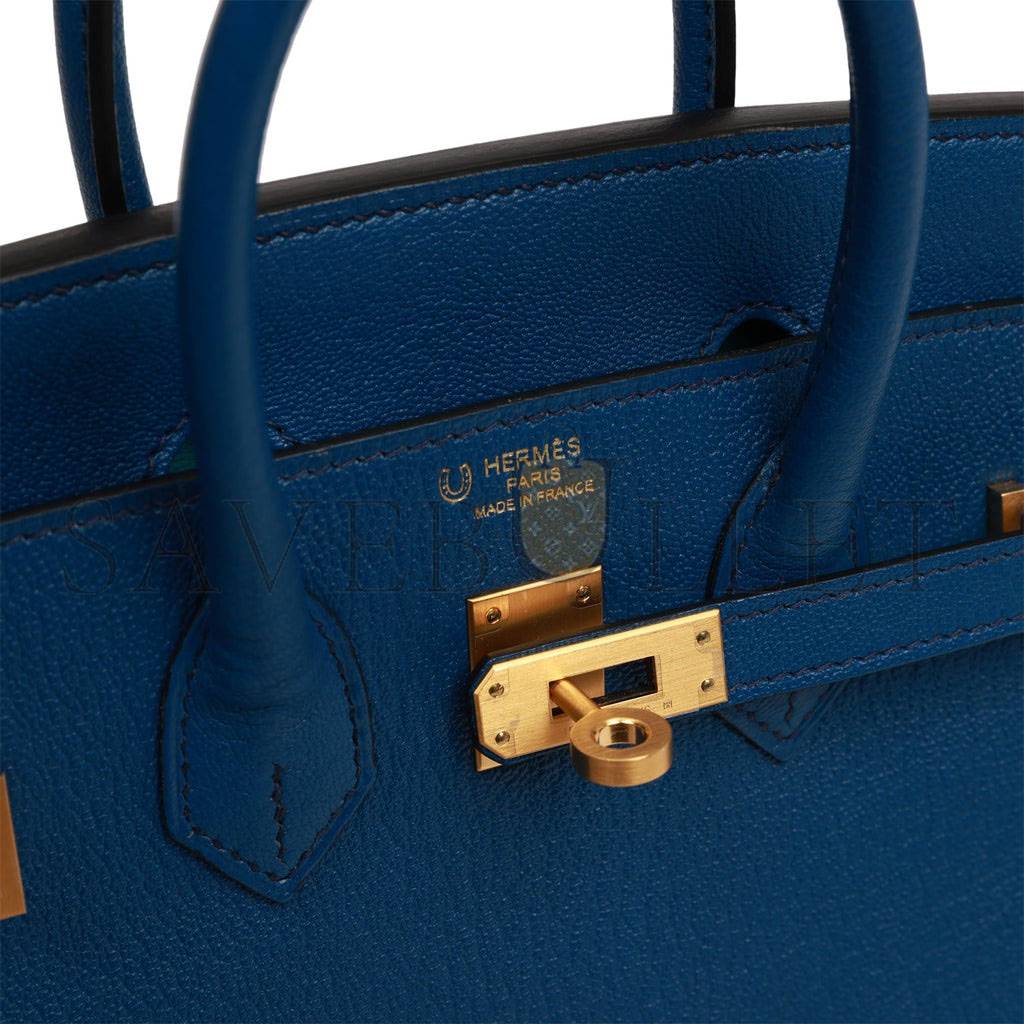 HERMES SPECIAL ORDER (HSS) BIRKIN 25 BLEU SAPHIR AND VERT VERTIGO CHEVRE BRUSHED GOLD HARDWARE HANDMADE (25.cm)