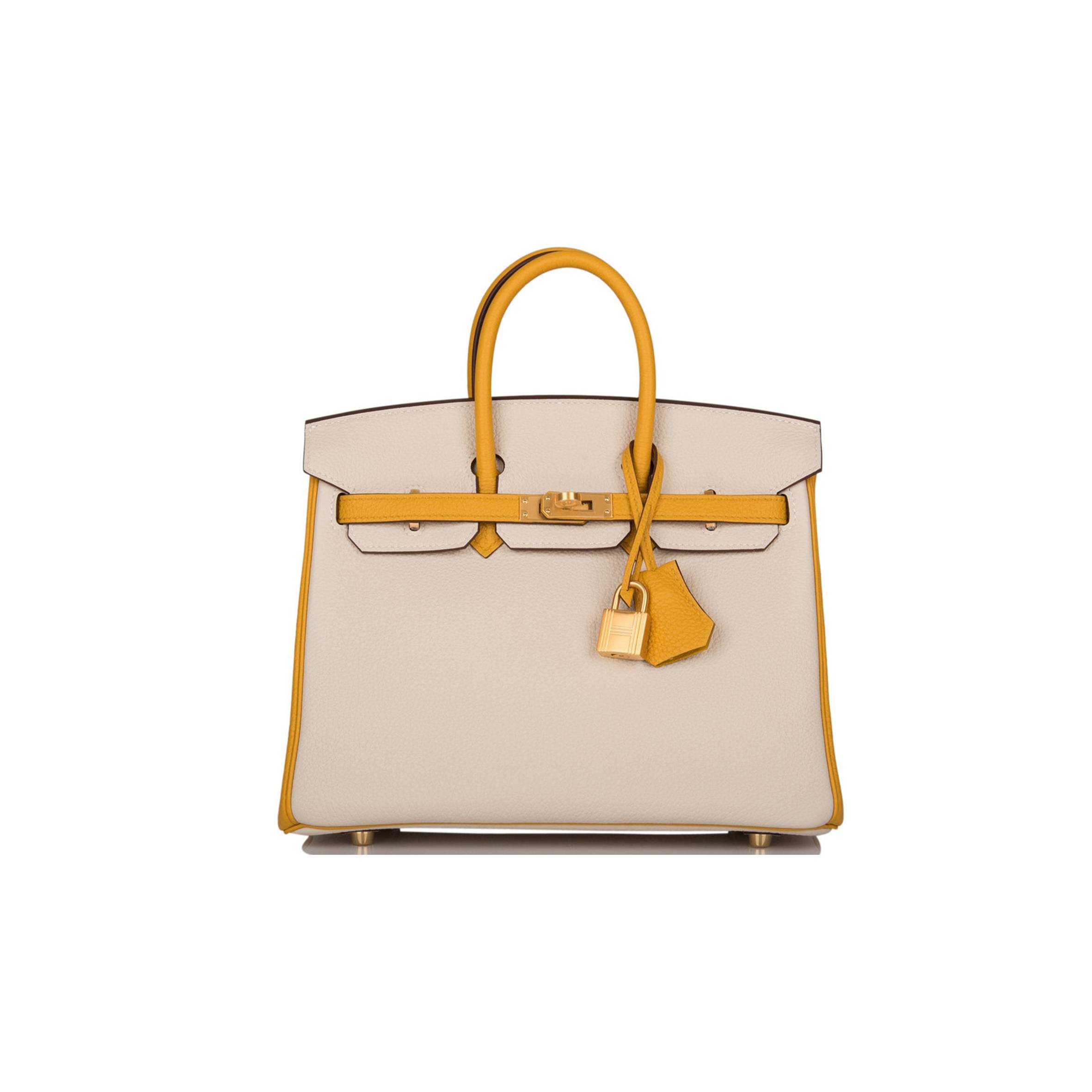 HERMES SPECIAL ORDER (HSS) BIRKIN 25 CRAIE AND JAUNE AMBRE TOGO BRUSHED GOLD HARDWARE HANDMADE (25cm)