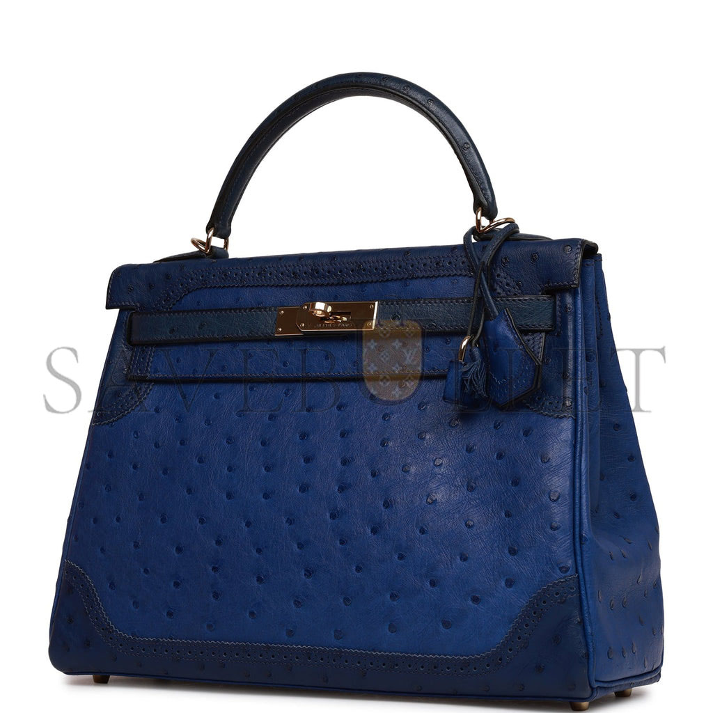 HERMES GHILLIES KELLY RETOURNE 32 BLEU SAPHIR, BLEU IRIS AND BLEU DE MALTE OSTRICH PERMABRASS HARDWARE (32cm)