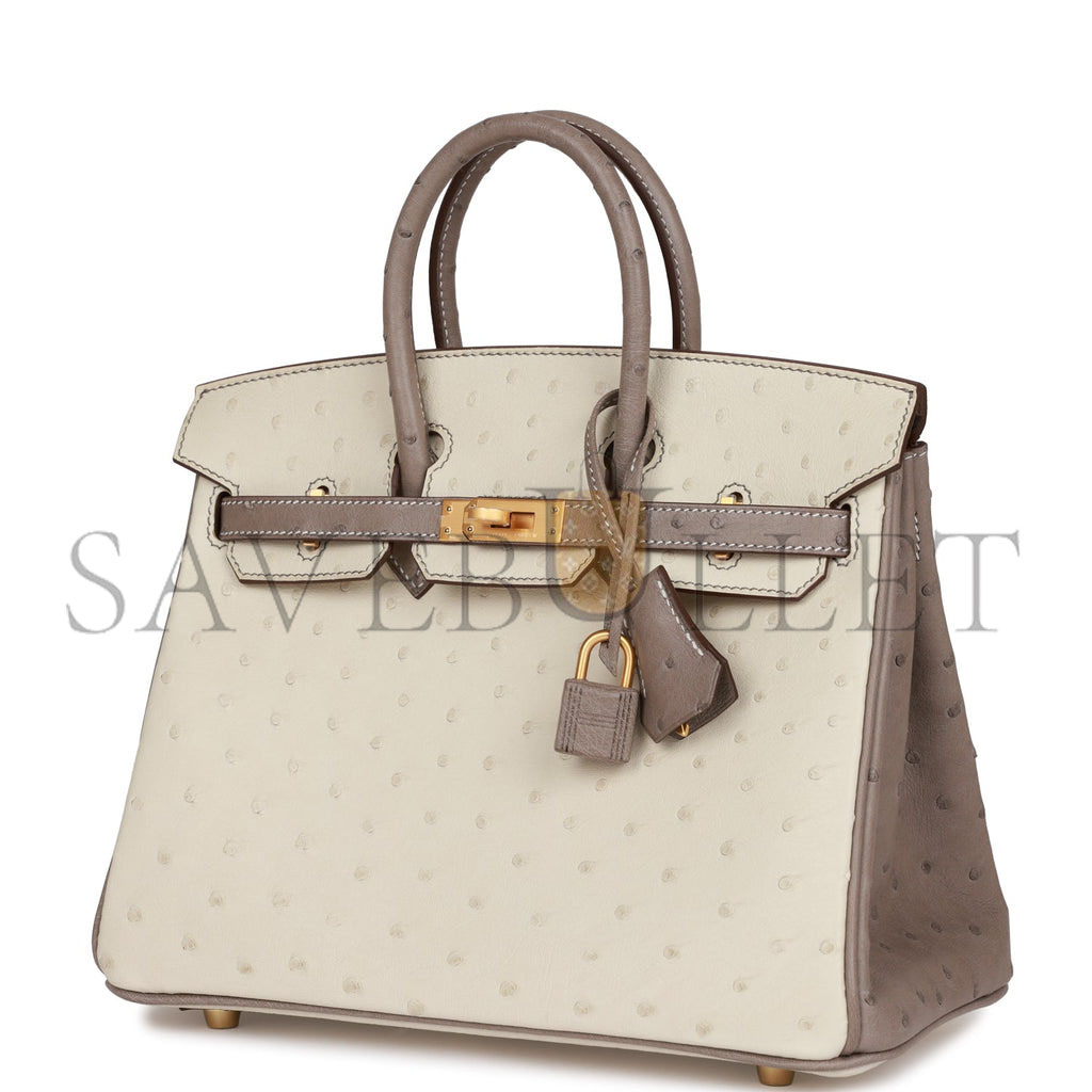 HERMES SPECIAL ORDER (HSS) BIRKIN 25 BETON AND GRIS ASPHALTE OSTRICH BRUSHED GOLD HARDWARE HANDMADE (25cm)