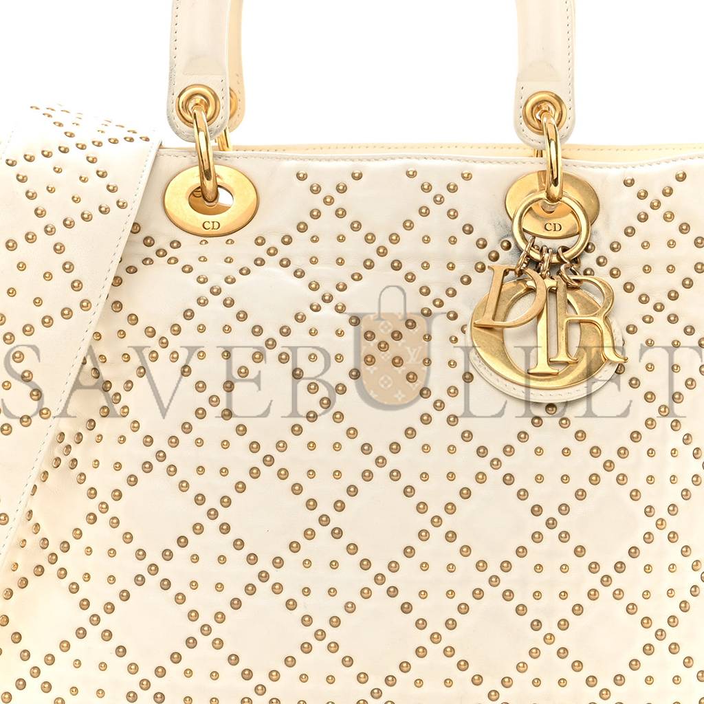 DIOR LAMBSKIN CANNAGE STUDDED LARGE SUPPLE LADY DIOR WHITE (30*25*11.4cm)